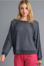 Charcoal Waffle Knit and Fleece Ribbing Top