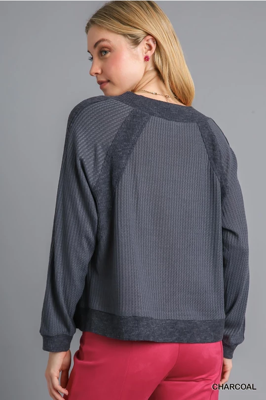 Charcoal Waffle Knit and Fleece Ribbing Top