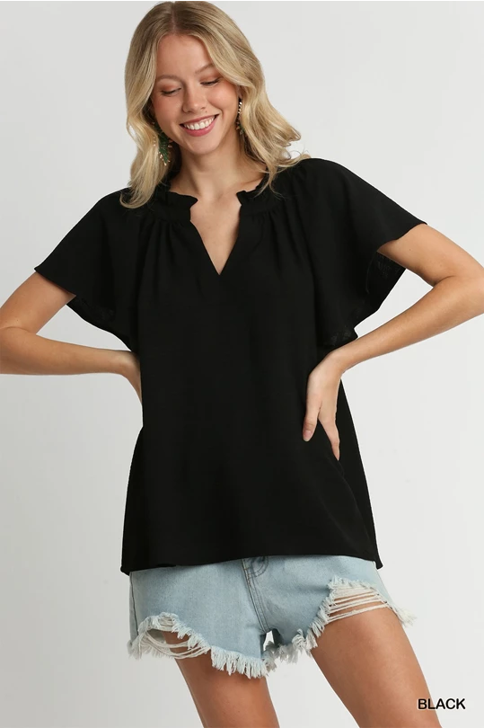 Black Texture Woven V Neck Short Sleeve Top