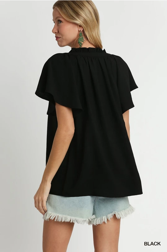 Black Texture Woven V Neck Short Sleeve Top