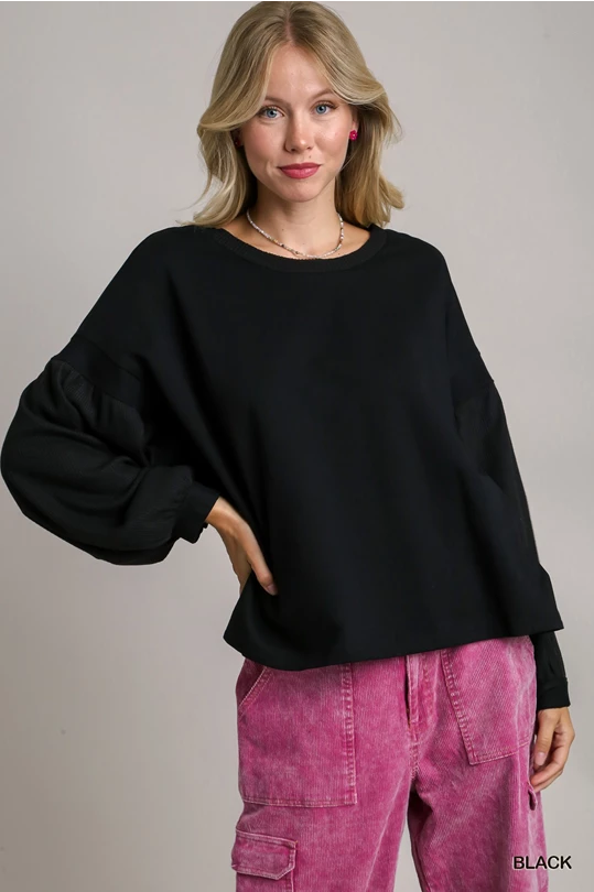 Black Slouchy Waffle Knit Top