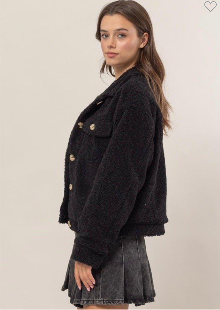 Sherpa Button-Front Jacket in Black & Taupe