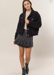 Sherpa Button-Front Jacket in Black & Taupe