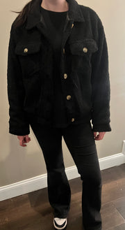 Sherpa Button-Front Jacket in Black & Taupe