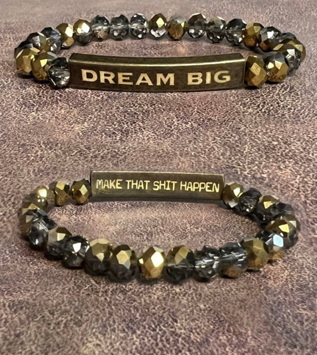 Inspirational 2 Sided Bracelets With Crystal Beads & Bronze Bar With Wording- Dream Big/Make That Shit Happen