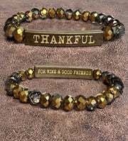 Inspirational 2 Sided Bracelets With Crystal Beads & Bronze Bar With Wording-Thankful/For Wine & Good Friends