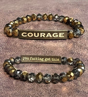 Inspirational 2 Sided Bracelets With Crystal Beads & Bronze Bar With Wording-Courage/You Fucking Got This