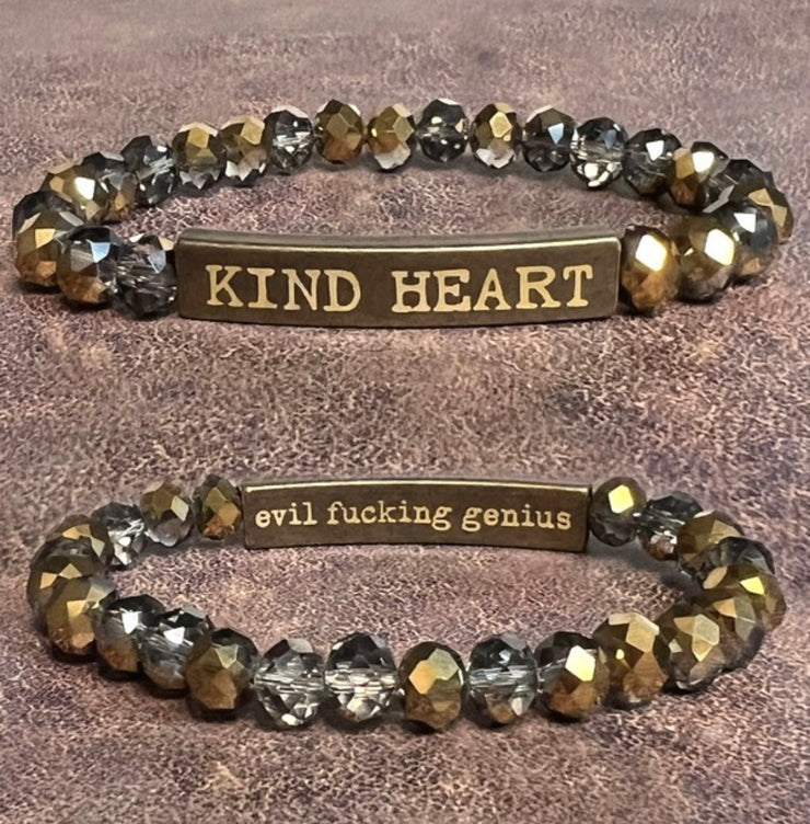 Inspirational 2 Sided Bracelets With Crystal Beads & Bronze Bar With Wording-Kind Heart/Evil Fucking Genius