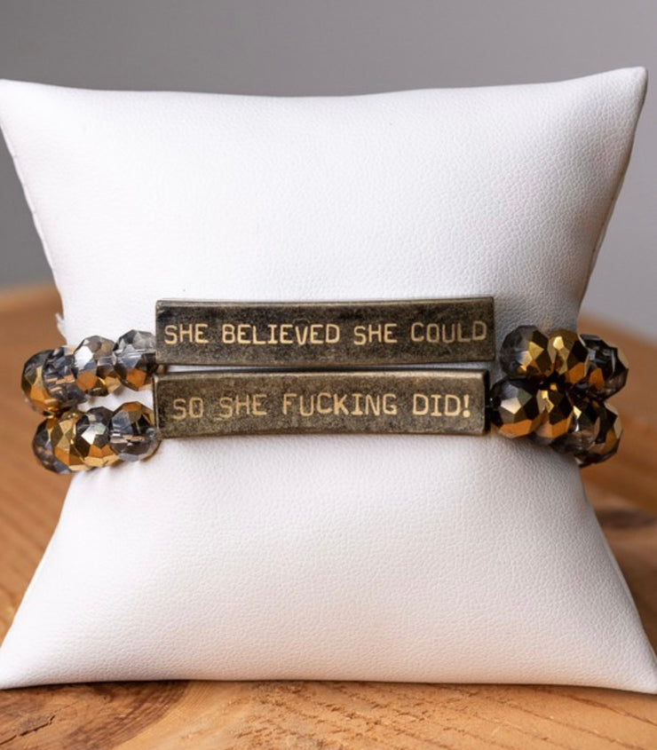 Inspirational 2 Sided Bracelets With Crystal Beads & Bronze Bar With Wording-She believed she could/so she fucking did