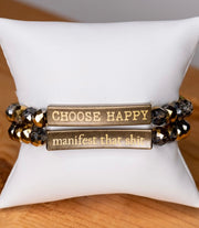 Inspirational 2 Sided Bracelets With Crystal Beads & Bronze Bar With Wording- Choose Happy/Manifest That Shit