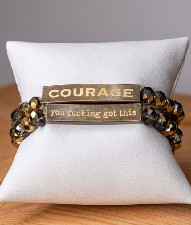 Inspirational 2 Sided Bracelets With Crystal Beads & Bronze Bar With Wording-Courage/You Fucking Got This