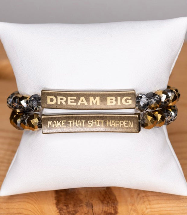 Inspirational 2 Sided Bracelets With Crystal Beads & Bronze Bar With Wording- Dream Big/Make That Shit Happen