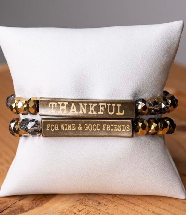 Inspirational 2 Sided Bracelets With Crystal Beads & Bronze Bar With Wording-Thankful/For Wine & Good Friends