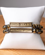 Inspirational 2 Sided Bracelets With Crystal Beads & Bronze Bar With Wording-Kind Heart/Evil Fucking Genius