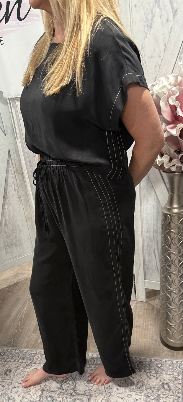 Black Viscose Short Sleeve Top With White Stitch Detail With Matching Elastic Waist Pant- SET