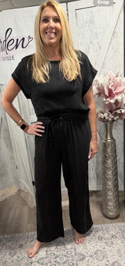 Black Viscose Short Sleeve Top With White Stitch Detail With Matching Elastic Waist Pant- SET