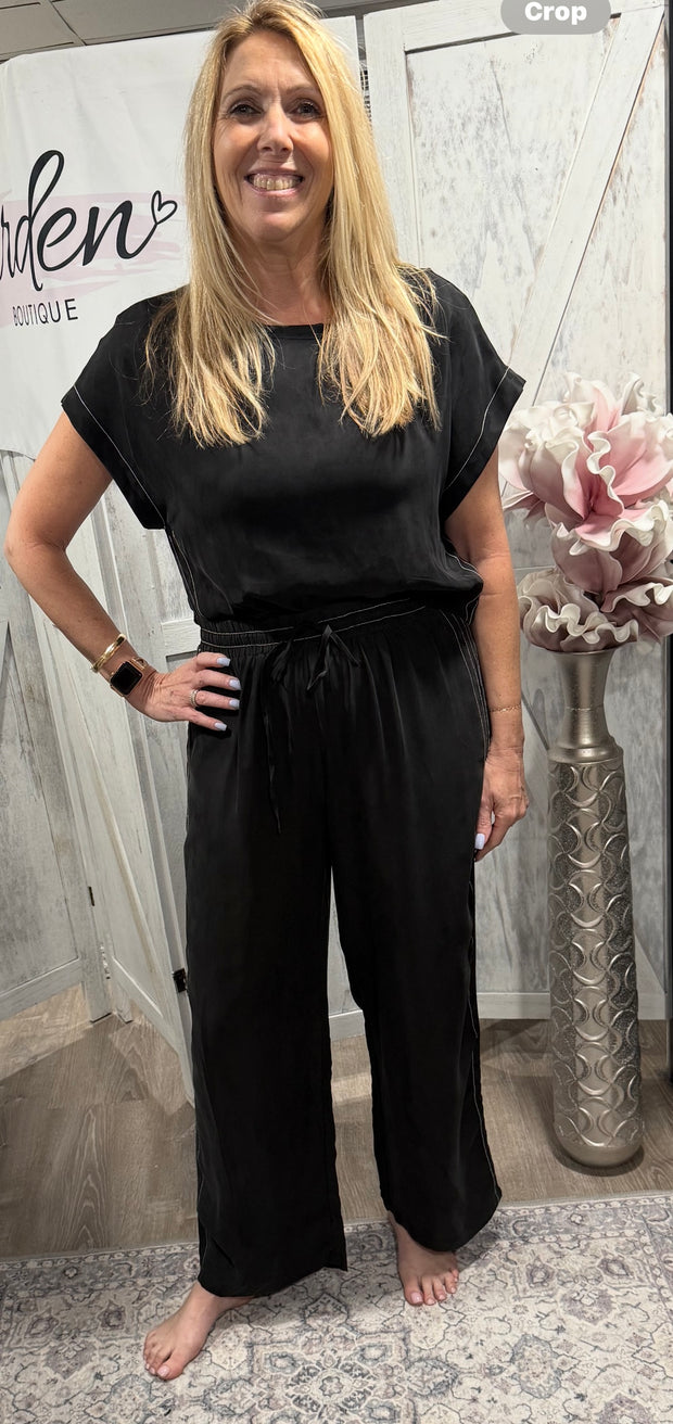 Black Viscose Short Sleeve Top With White Stitch Detail With Matching Elastic Waist Pant- SET