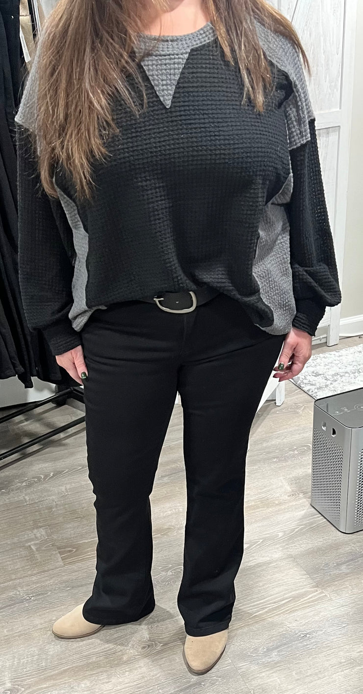 Black/Charcoal Waffle Color Block Top
