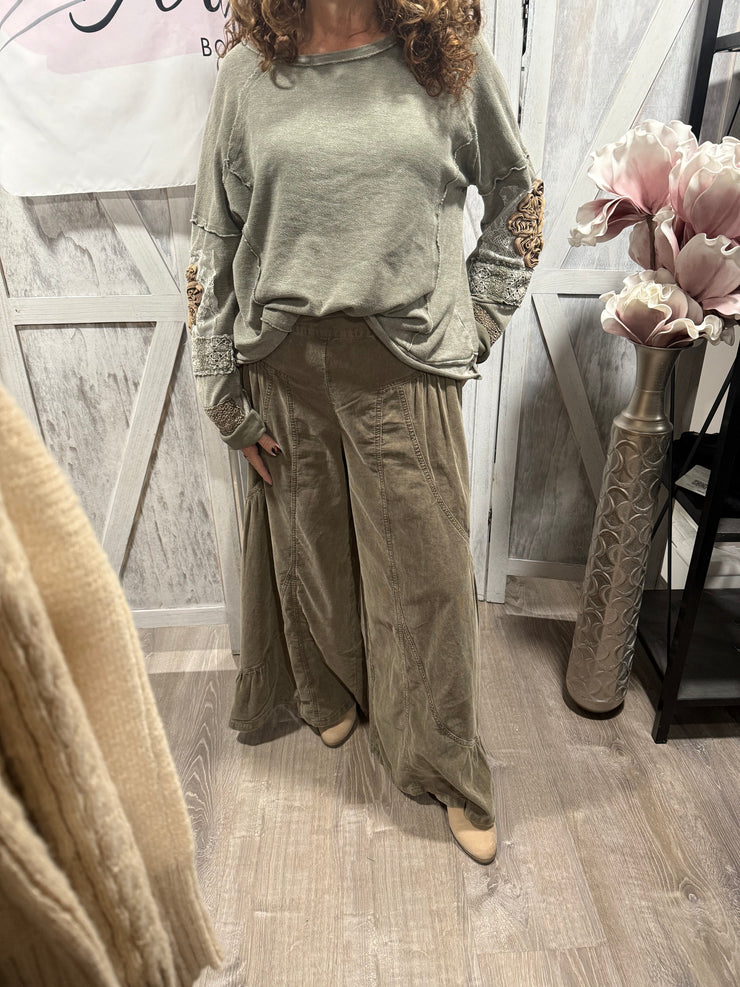 Ash Olive Mineral Washed Baby Corduroy Palazzo Pants