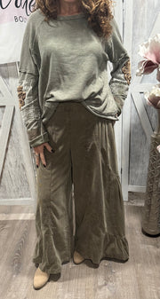 Ash Olive Mineral Washed Baby Corduroy Palazzo Pants