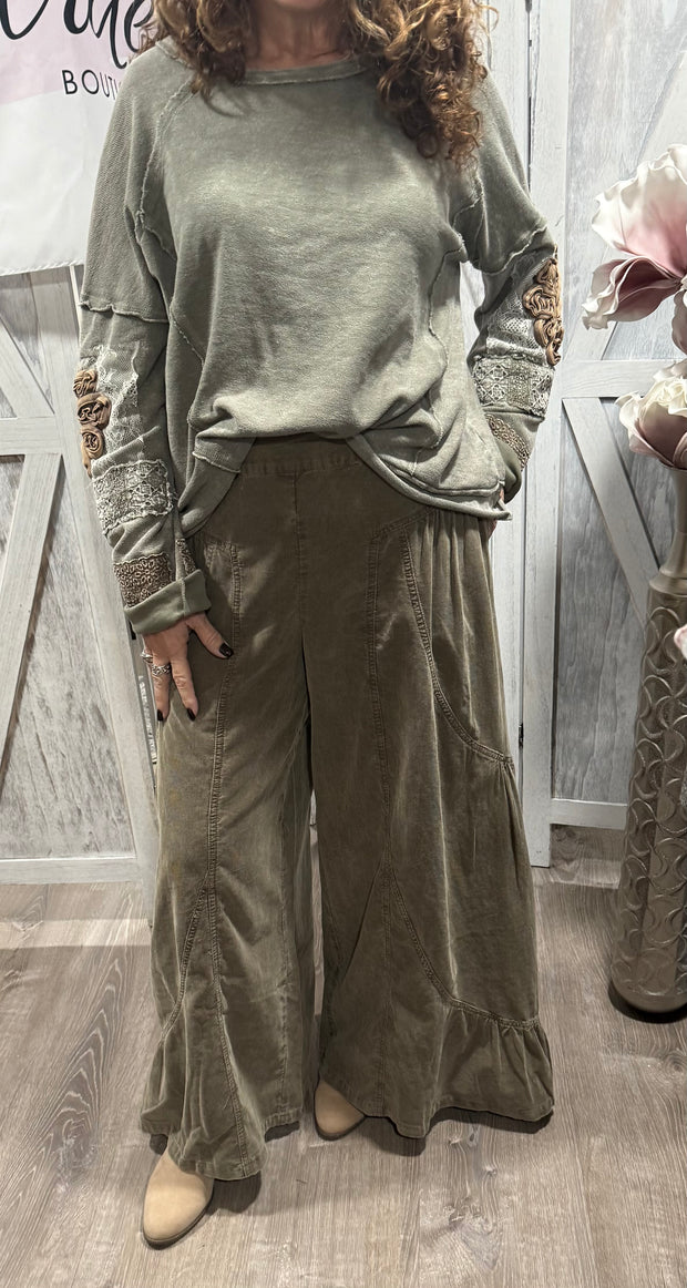 Ash Olive Mineral Washed Baby Corduroy Palazzo Pants