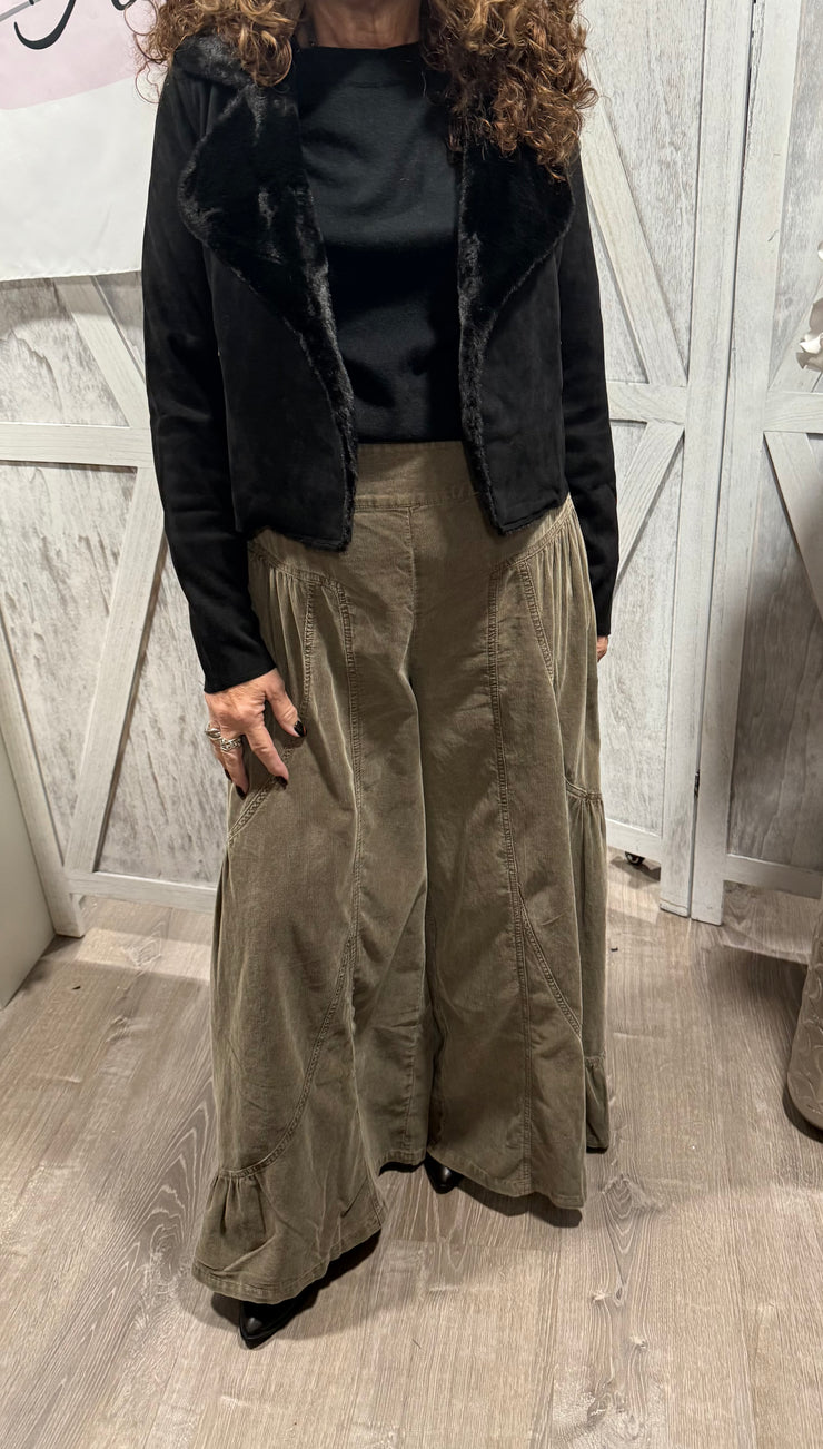 Ash Olive Mineral Washed Baby Corduroy Palazzo Pants