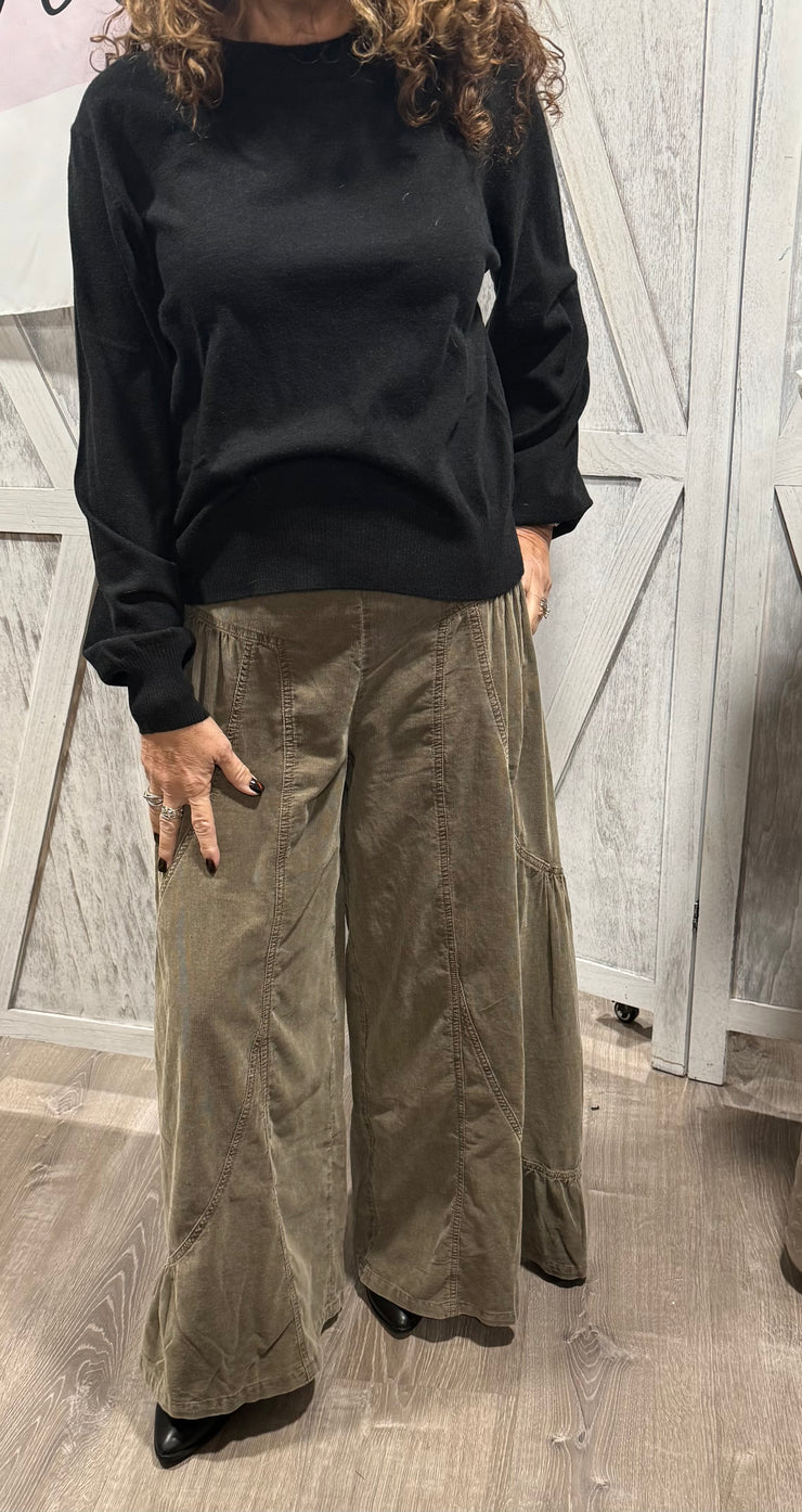 Ash Olive Mineral Washed Baby Corduroy Palazzo Pants