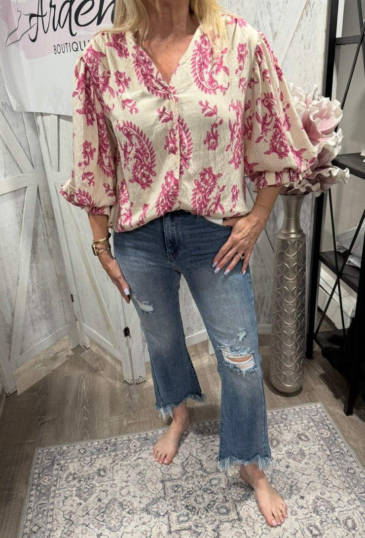 Fuchsia Button Down Blouse With 3/4 Sleeves