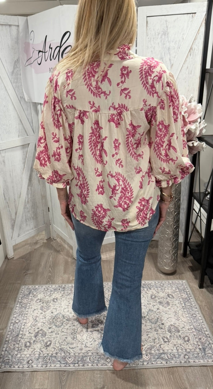 Fuchsia Button Down Blouse With 3/4 Sleeves