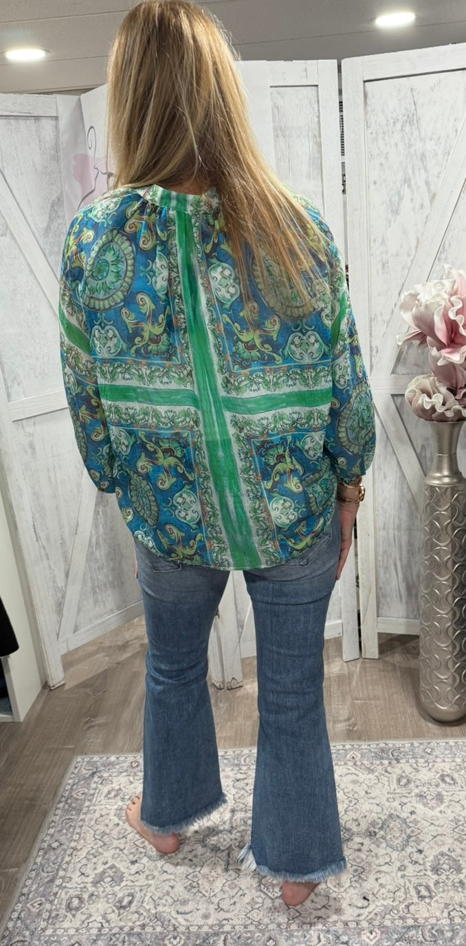 Green Mix Scarf Print Balloon Sleeve Blouse