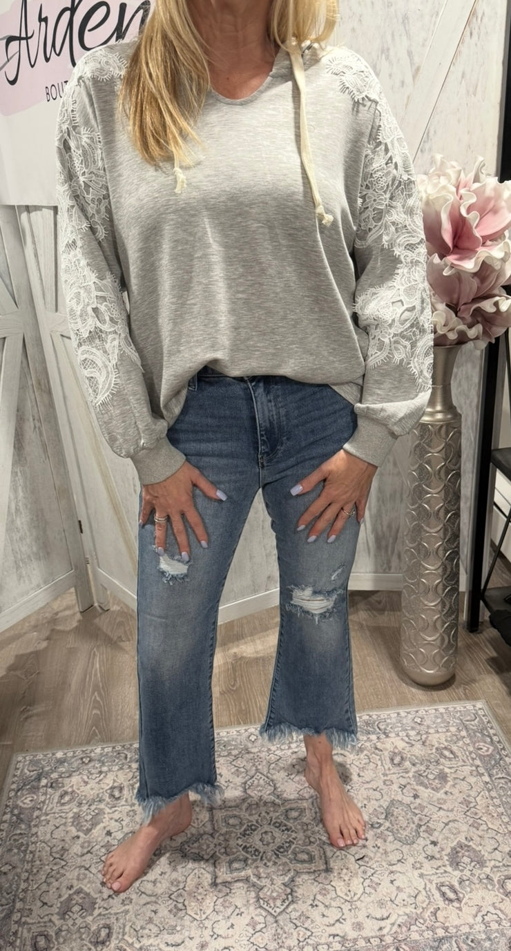 Heather Grey Lace Detail Hoodie Top