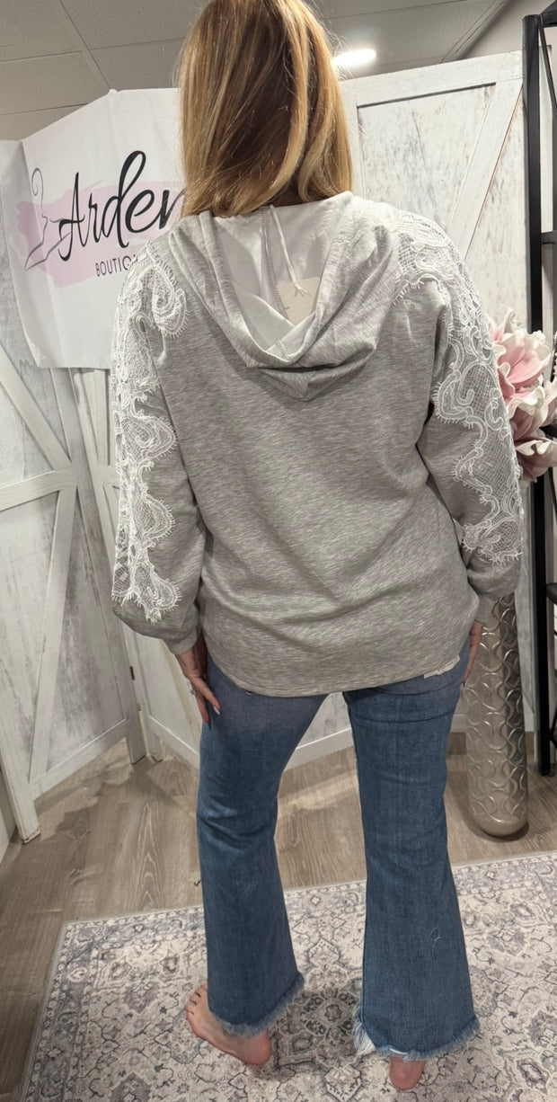 Heather Grey Lace Detail Hoodie Top