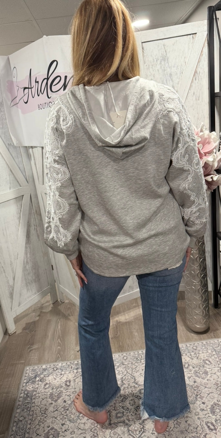 Heather Grey Lace Detail Hoodie Top