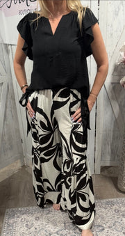Black Flutter Sleeve V Neck Blouse