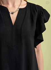 Black Flutter Sleeve V Neck Blouse