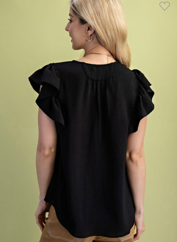 Black Flutter Sleeve V Neck Blouse