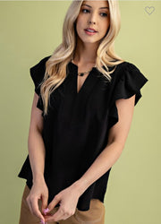 Black Flutter Sleeve V Neck Blouse