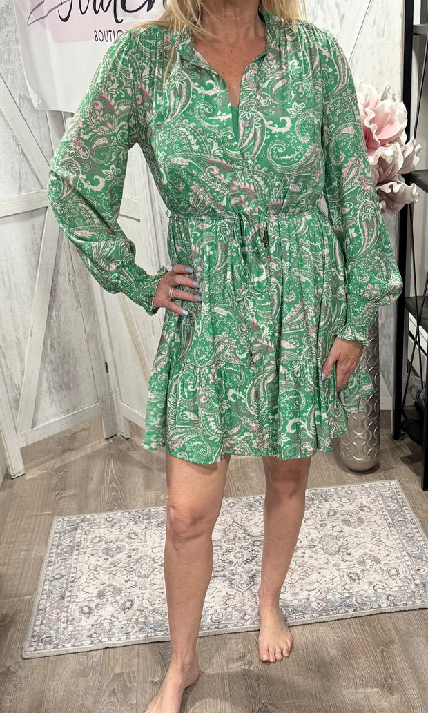 Green Paisley Print Ruffled Button Down Dress