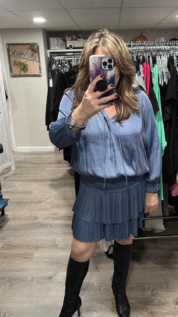 Dusty Blue 3/4 Sleeve Pleated Dress (Available in 3 Colors)