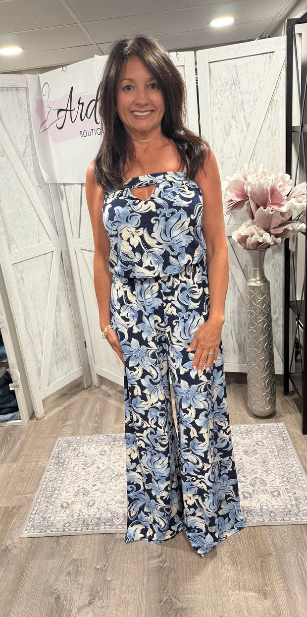 Navy Print Keyhole Wide Leg Jumpsuit