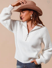 White Half Zip Ribbed Sweater