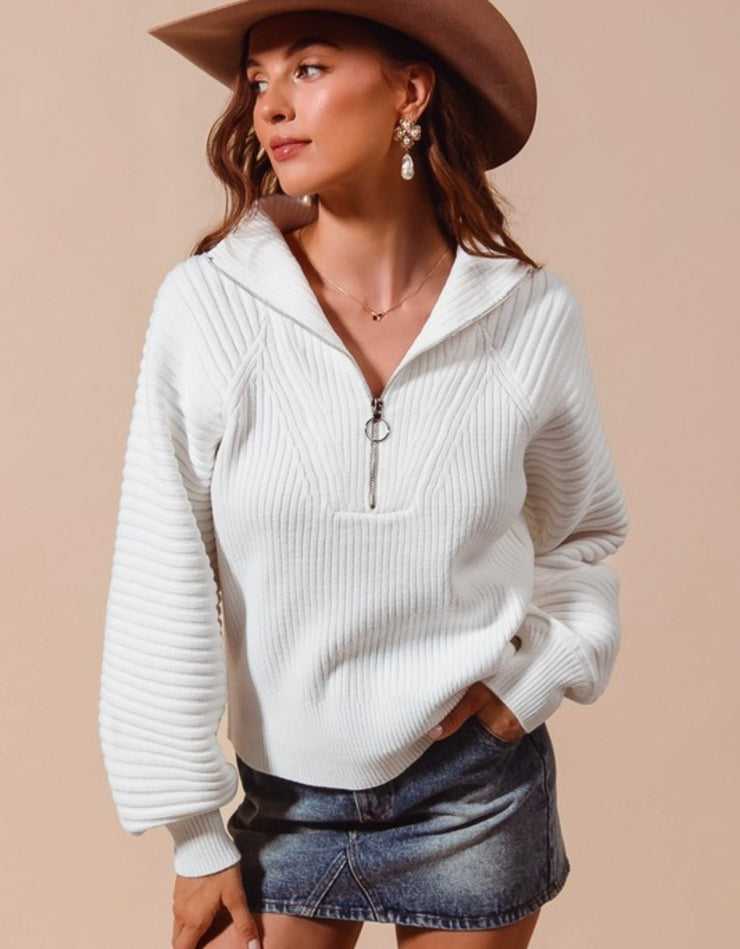 White Half Zip Ribbed Sweater