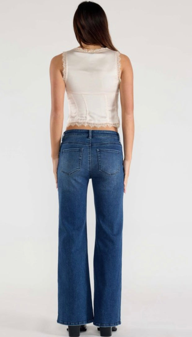Dark Mid Waist Flared Wide Leg Jeans