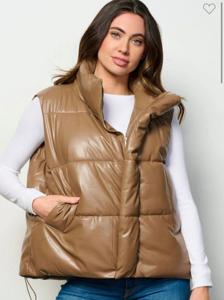 Mocha Oversized Sleeveless Zip Up Front Puffer Padded Vest