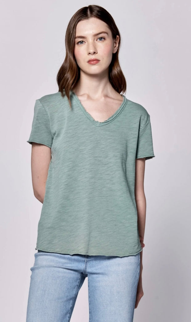 Dear John Fray Neck V Neck Tee Shirts- Available in White, Black, Azure Blue, Pale Yellow + Blue/Grey