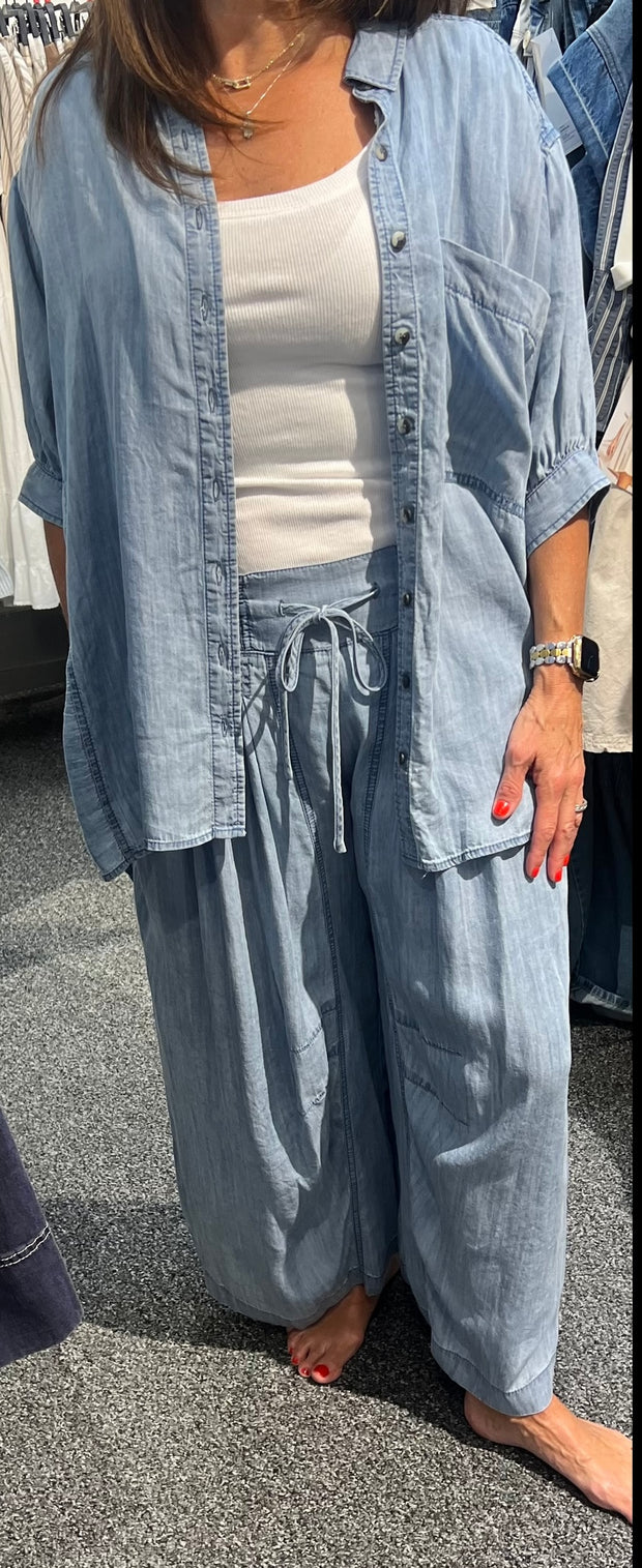 Blue Denim Oversized Short Sleeve Button Down Top- Matching Pants Available Separately