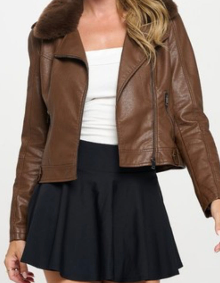 Camel Vegan Leather Biker Jacket With Detachable Fur Collar