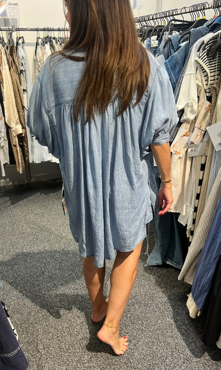 Blue Denim Oversized Short Sleeve Button Down Top- Matching Pants Available Separately