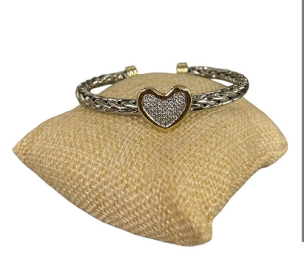 Two Tone Braided Pave Heart Rhodium Plated Bangle Bracelet- Silver or Gold
