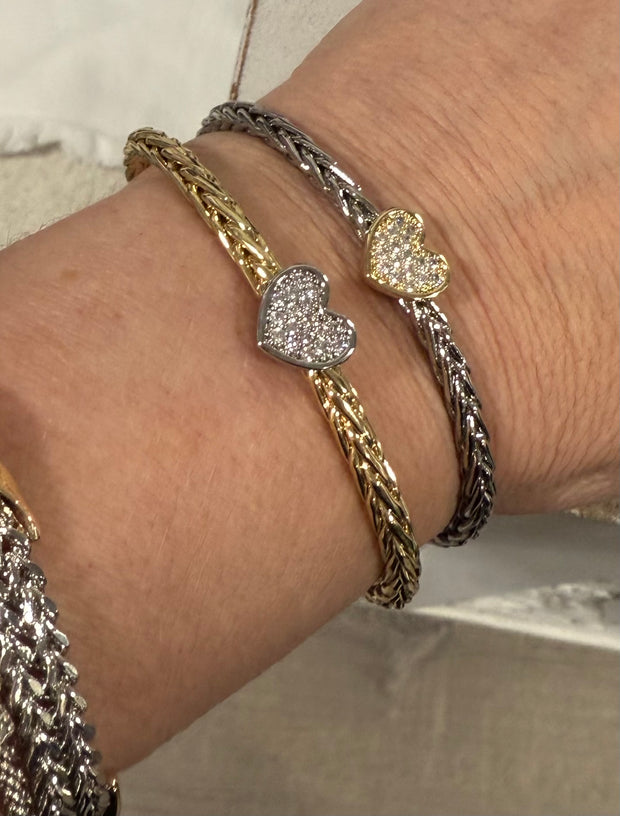 Two Tone Braided Pave Heart Rhodium Plated Bangle Bracelet- Silver or Gold